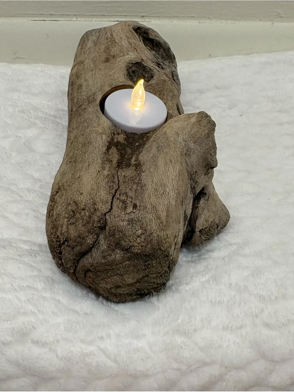 Handmade Rustic Driftwood Tealight Candle Holder - Natural Brown